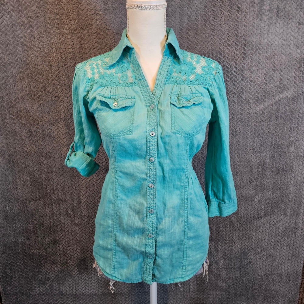 Romantic Western Turquoise Lace Yoke Smocked Waist Roll‎ Tab Button Down Shirt M